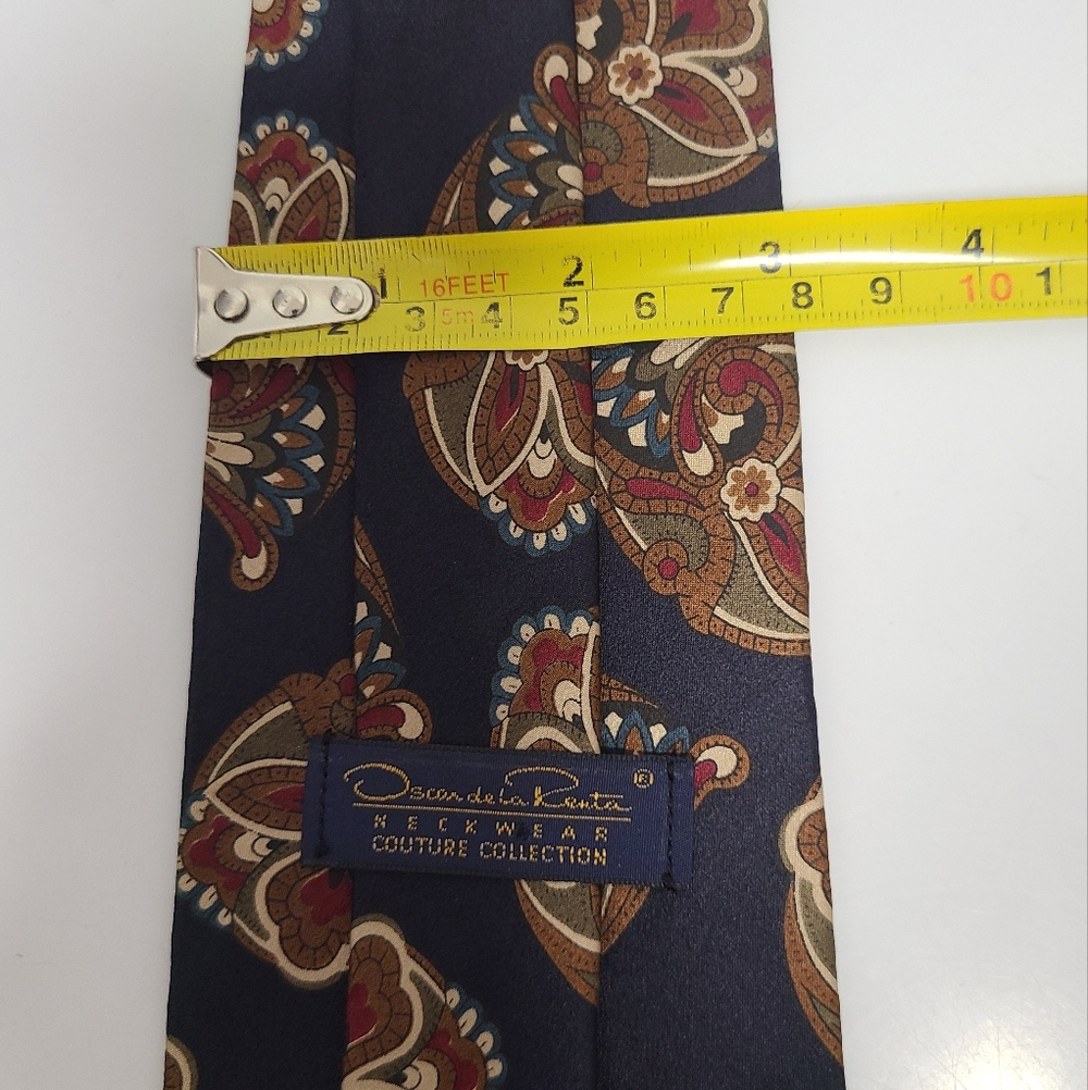 Oscar de la Renta Couture Vintage Silk Tie Navy Red & Brown Paisley Print 80's - Picture 9 of 9